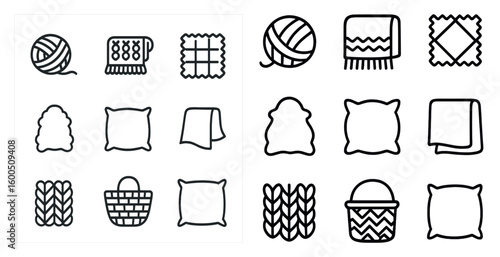 Knitting and crochet line icons set – outline, yarn, crafting symbols collection