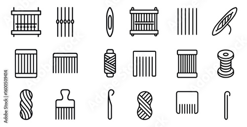 Weaving tools outline icons set – linear, textile, knitting and crafting symbols