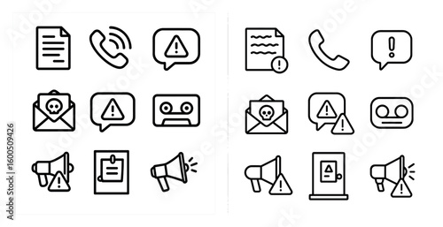Warning and alert icons set - outline, linear, notification and caution symbols