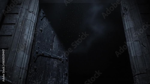 An old dark stone doorway partially open with a night sky of clouds and stars visible through the opening