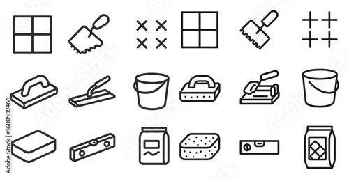 Construction and renovation outline icons set – linear, tools, building symbols