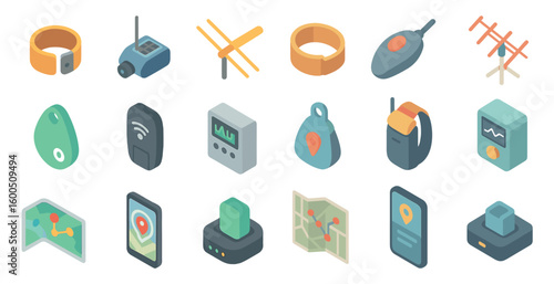Gps and navigation isometric icons set – location, tracker, map symbols