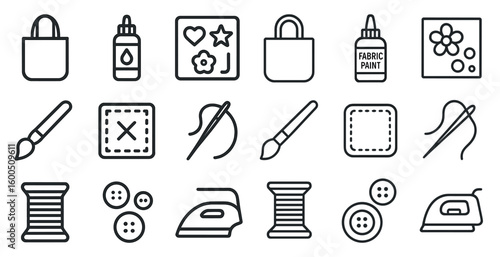 Sewing and craft linear icons set – outline, needlework, fabric design symbols