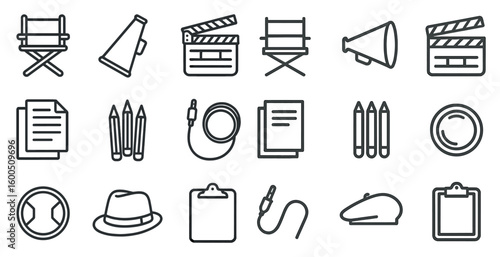 Film and media linear icons set – outline, cinema, visual storytelling symbols