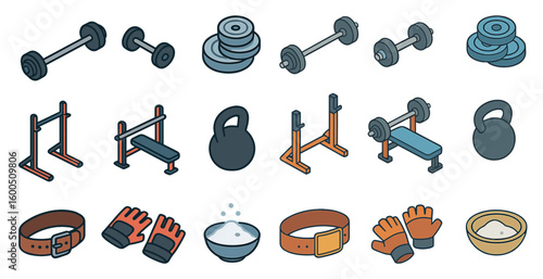 Fitness gym equipment icons set – isometric, filled, workout and exercise symbols