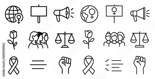 Gender equality line icons set – outline, advocacy, social justice symbols