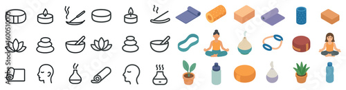 Wellness and relaxation icons set – flat, outline, meditation and spa therapy symbols
