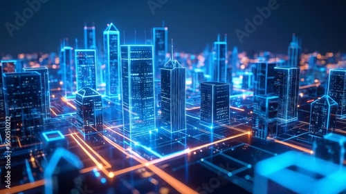 Wallpaper Mural Futuristic Cityscape Animation with Glowing Blue and Orange Lines Seamless Loop Torontodigital.ca
