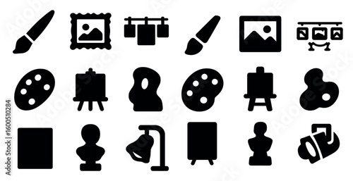 Art and painting solid icons set – flat, filled, creative and design symbols
