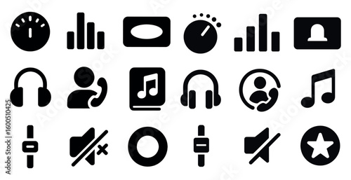 Audio and music solid icons set – filled, sound, headphone symbols