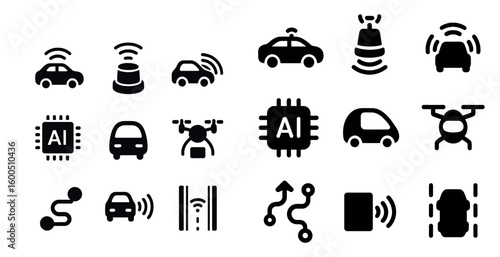 Self-driving technology solid icons set – ai, autonomous vehicle, smart mobility symbols