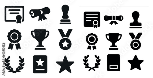 Awards and achievements solid icons set – flat, filled, trophy and certificate symbols