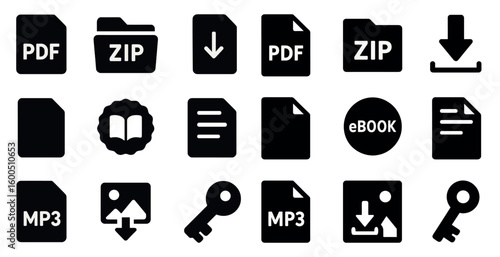File management solid icons set – silhouette, document, digital organization tools