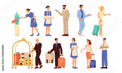 A beautifully stylized illustration showcasing the interaction between hotel staff and guests