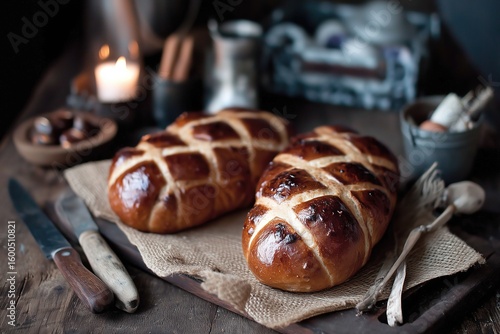 two braided loaves of sweet hot cross buns, surrounded by an old-fashioned kitchen setting with vintage utensils