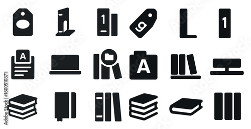 Bookstore and library solid icons set – flat, filled, reading and catalog symbols