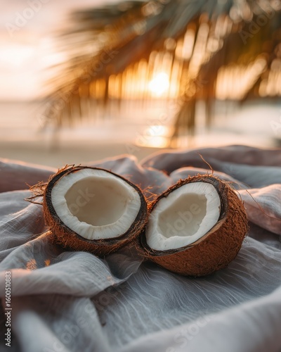 Two coconut halves on soft fabric with a serene beach sunset in the background, creating a tropical and tranquil vibe