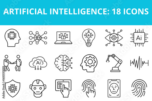 Artificial Intelligence icons set featuring technology and innovation  