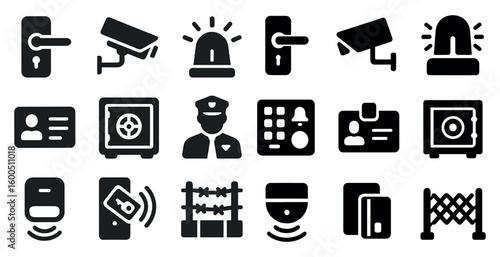 Security and lock solid icons set – flat, filled, surveillance and protection symbols