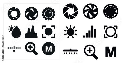 Photography solid icons set – flat, filled, camera and lens design elements