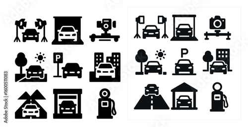Automotive and car services icons set – solid, silhouette, vehicle symbols