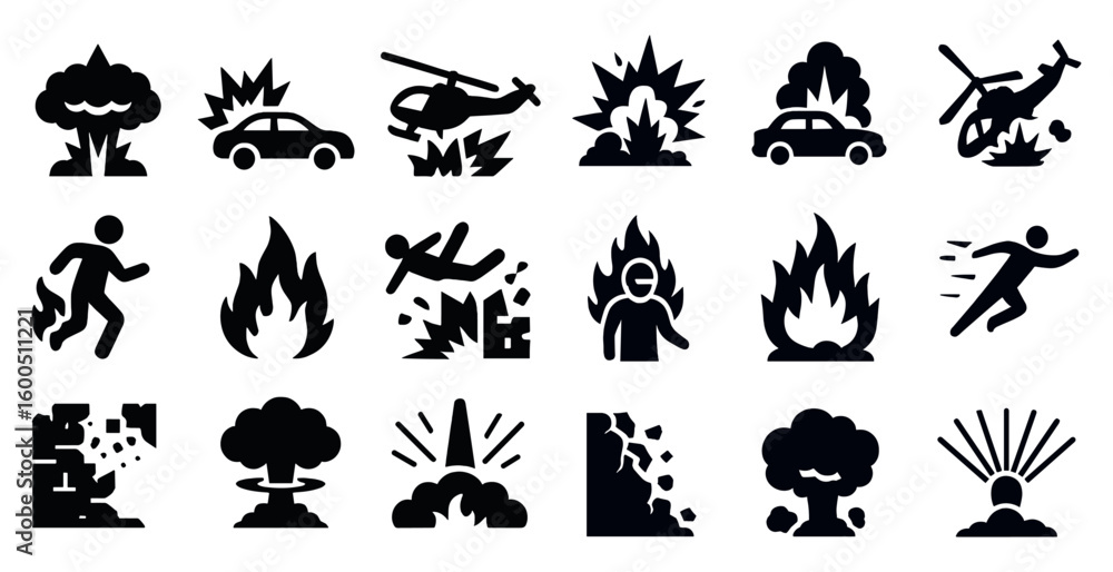 Obraz premium Disaster and emergency silhouette icons set – solid, crisis, emergency symbols