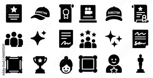 Film and movie solid icons set – simple, filled, cinema and filmmaking symbols