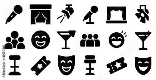 Theater and performance icons set – solid, filled, drama and entertainment graphics