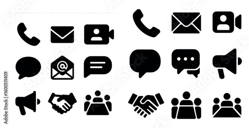 Communication solid icons set – filled, messaging, contact and connection symbols
