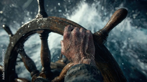 Weathered hand grips ancient ship's wheel, stormy sea