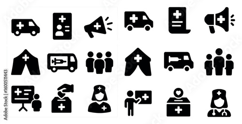 Healthcare and medical solid icons set – filled, flat, hospital symbols for health services