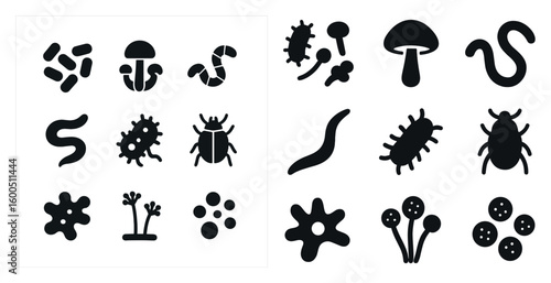 Bacteria and microbes solid icons set – filled, germs, virus symbols