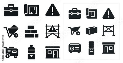 Construction and tools solid icons set – filled, building and machinery symbols