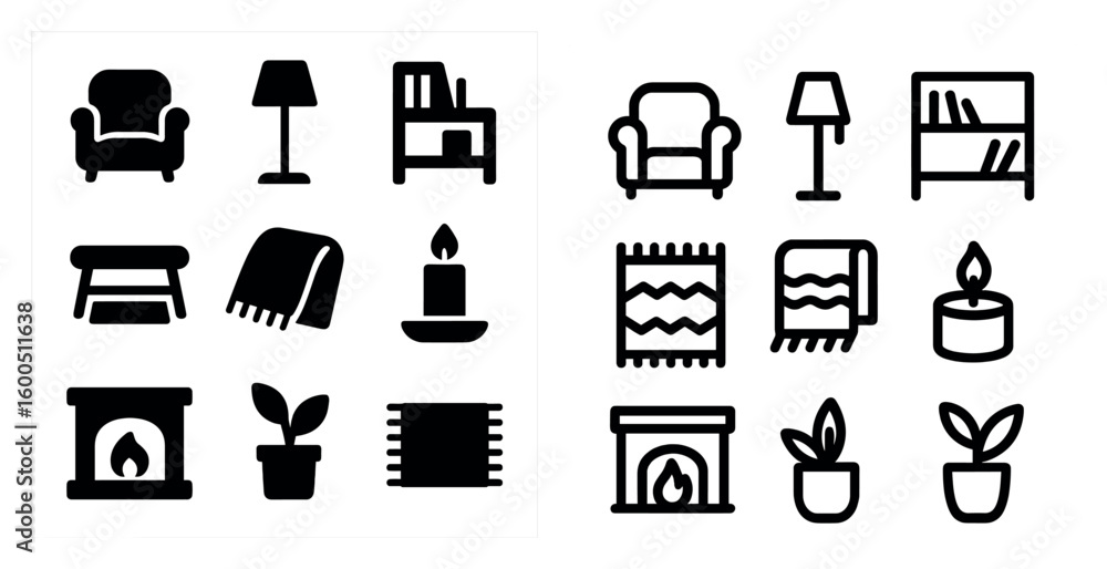Home and living solid icons set – silhouette, filled, decor and furniture elements Home and living solid icons set – silhouette, filled, decor and furniture elements