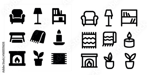 Home and living solid icons set – silhouette, filled, decor and furniture elements