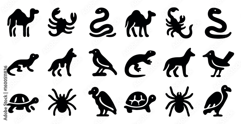 Fototapeta premium Wildlife silhouette icons set – filled, solid, animal and nature symbols for design