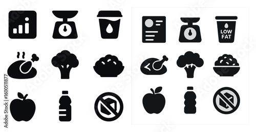 Nutrition and diet solid icons set – health, food, calorie counting symbols