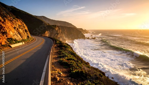 Coastal road with crashing waves scenic