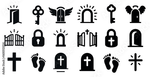 Funeral and memorial solid icons set – filled, mourning and cemetery symbols
