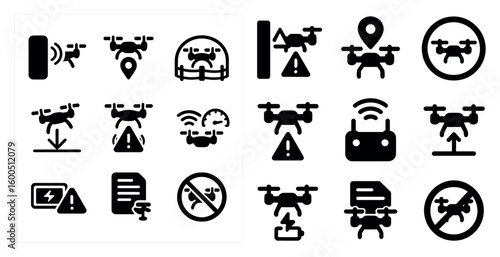 Drone and uav silhouette icons set – solid, filled, aerial and flight symbols