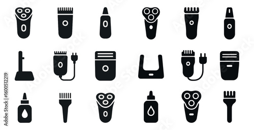 Electric shavers solid icons set – grooming, outline, personal care tools