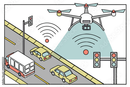 Drone monitoring traffic on a city street with cars bus and traffic lights using wireless communication