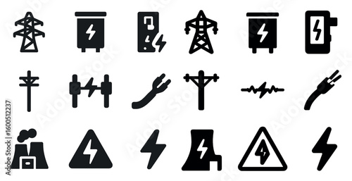 Electricity and energy solid icons set – power, voltage, electrical symbols