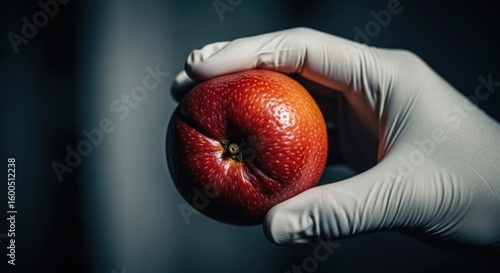 A scientist's gloved hand holds a strange, genetically modified red fruit with an unusual pitted texture, a concept for food science.