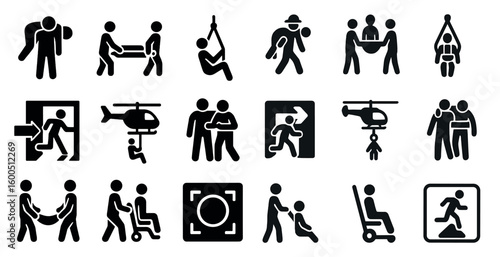Emergency rescue solid icons set – filled, silhouette, safety and support symbols