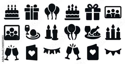 Birthday celebration silhouette icons set – filled, solid, party and event symbols