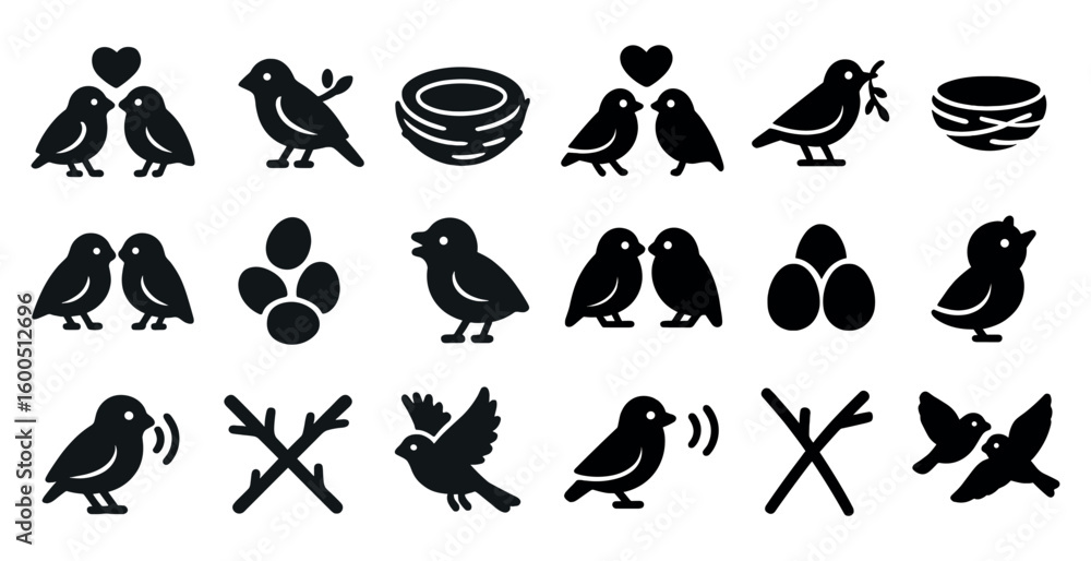 Obraz premium Birds and nests silhouette icons set – simple, outline, nature and wildlife graphics