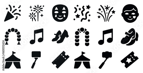 Festival and celebration solid icons set – silhouette, party and event symbols