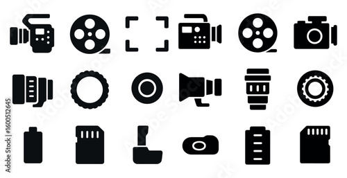 Video and film solid icons set – flat, filled, media production symbols