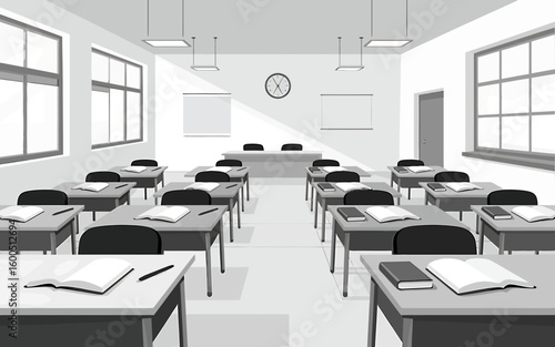 Empty Classroom Illustration with Desks Books and Whiteboards Ideal for Educational Designs and Backgrounds Featuring a Neutral Color Palette
